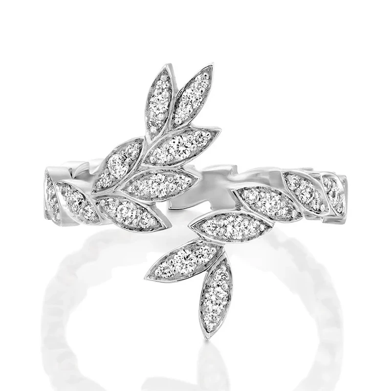 CAOSHI Leaf Shaped Opening Adjustable Ring Silver Color Dazzling Zirconia Finger Accessories for Women Delicate Party Jewelry