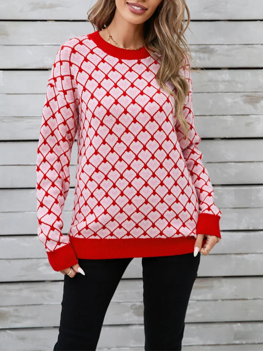 Women Creativity Argyle Heart Print Sweaters Classic Long Sleeve Round Neckline Loose Knit Pullover Tops Fall Fashion Loungewear