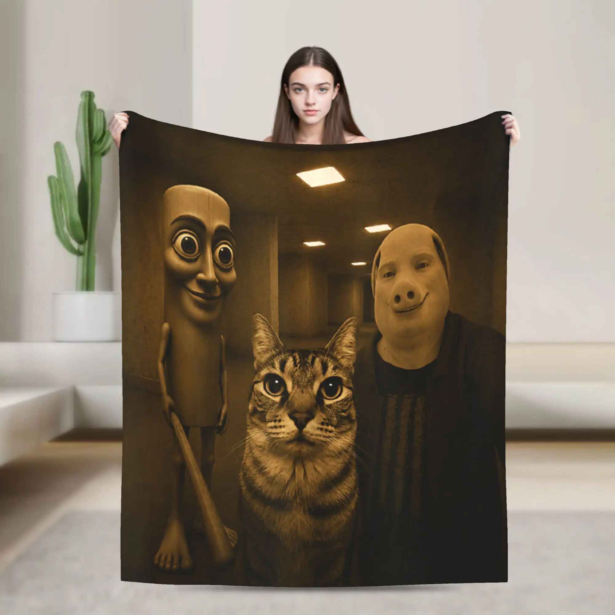Meme Funny Zazuu Cat Silly Tung Sahur John Pork Retro Photo Blanket Winter  Soft Comfy Throw Blanket Bedroom Flannel Bedspread