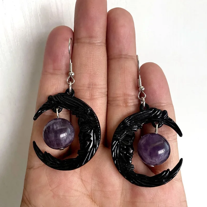 

Black Moon Earrings, Purple stones, Vintage, Witch Jewelry, Pagan, tree branches, Mysterious Moon, Gothic ear hooks, Moon Charm