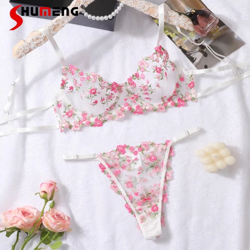 

Ultra Thin Cup Large Bust Bra Outfits Pure Desire Sexy Lingerie Women Embroidered Underwire Push Up Underwear Set Female