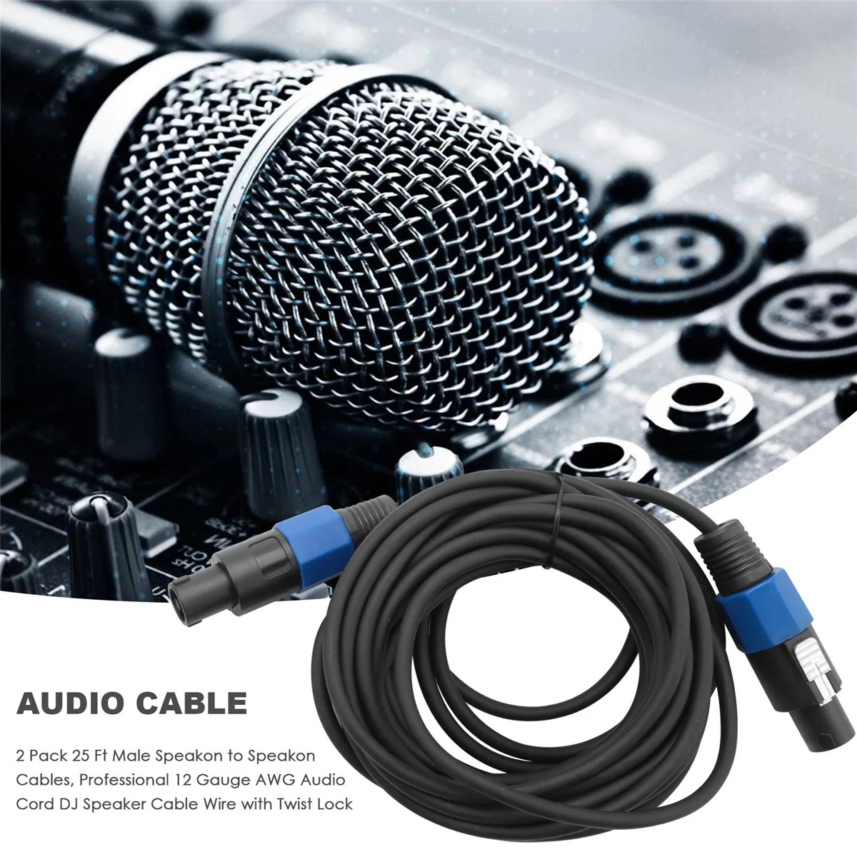 SMIEA Confezione da 2 cavi Speakon maschio da 25 piedi per Speakon, cavo audio professionale AWG calibro 12 Cavo per altoparlante DJ con twist lock