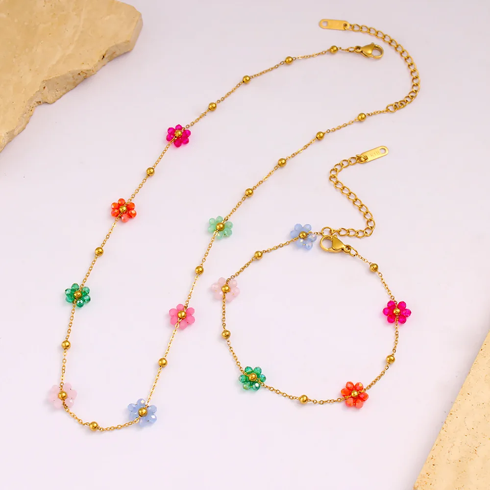 DIY accessories Japan and Korea sweet color flower DIY necklace bracelet spring new crystal beaded flower neck chain bracelet wh