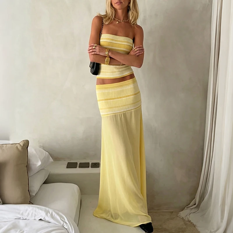 Fashion Striped Print Long Skirt Set Sexy Strapless Sleeveless Tank Top & Skirt Outfits Women Elegant Hight Waist Slim 2Pc Suits