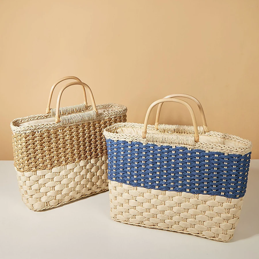 

Handmade Straw Woven Casual Totes for Women Vacation Travel Large Capacity Versatile Patchwork Beach Bags Designer Handbags Sac
