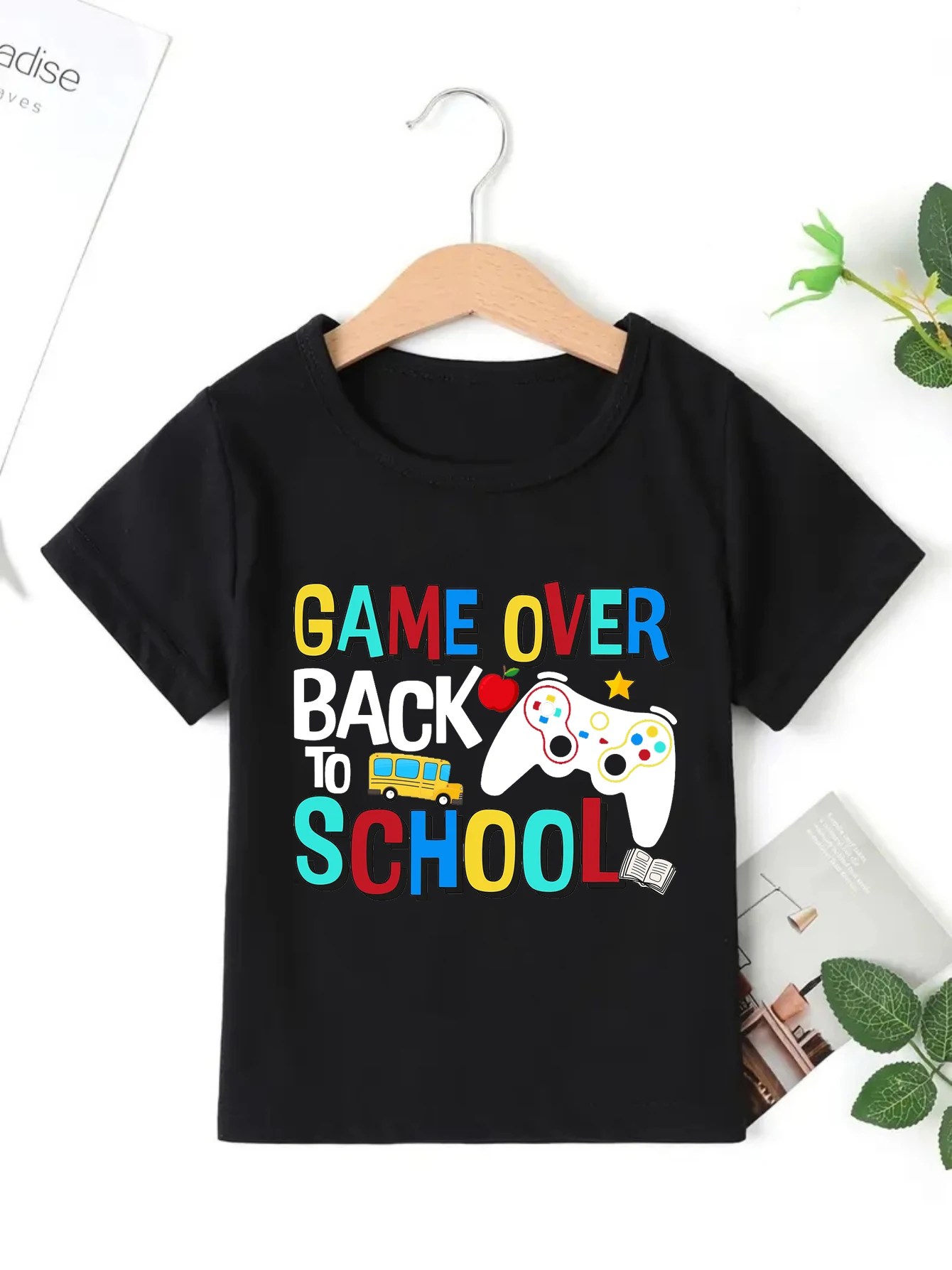 

Game Over Back To School Apple School Bus Stars Book Printed T Shirt Girls Boys Funny Kids Clothes Summer Short Sleeve Shirt