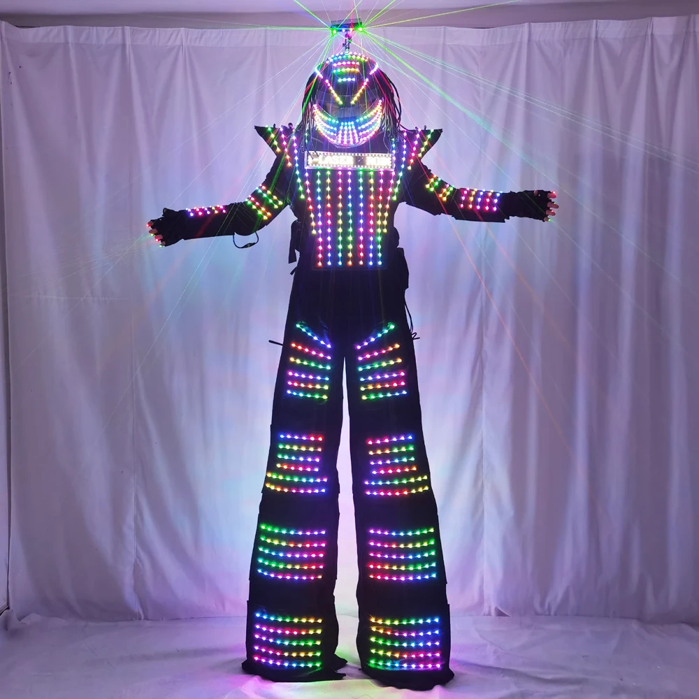 

LED Robot Costume Clothes Full Color Chest Display White Silver Leather Stilt Walking Luminous Suit Jacket Laser Glove Helmet