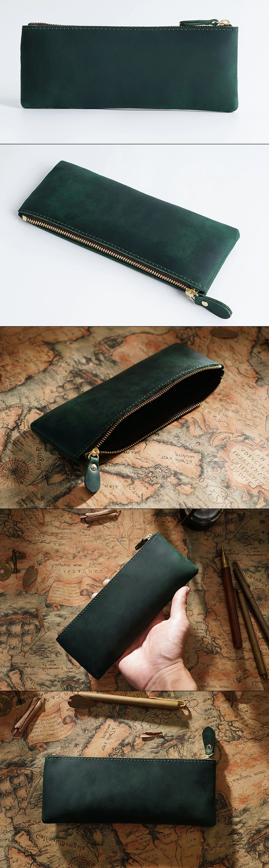 Vintage-Federmäppchen aus echtem Leder mit Reißverschluss, Rindsleder, Schreibwaren-Organizer, Stifthalter, Schreibutensilienbeutel, Reise-Zubehörtasche – Detail 4
