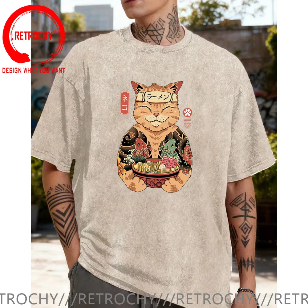 Japanese Style Cartoon Samurai Cat Vintage Washed Cotton T Shirt Men Birthday Gift Man Woman Retro Tshirt Casual Fashion T-shirt