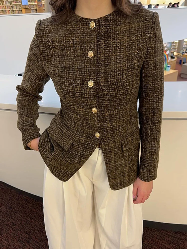 

Элегантный твидовый пиджак с круглым вырезом, женский винтажный металлический однобортный пиджак с завязкой на талии, женская классическая шикарная офисная верхняя одежда