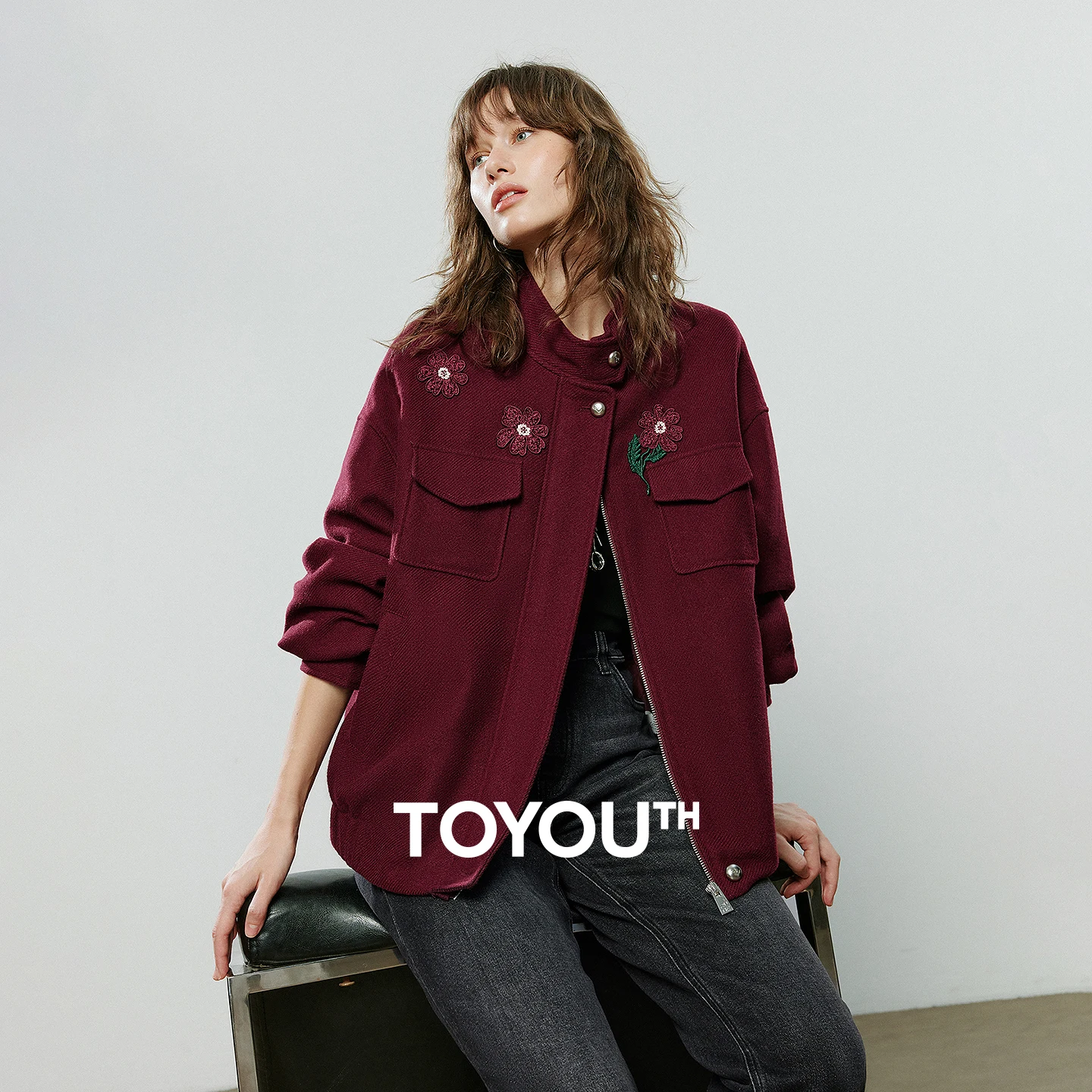 TOYOUTH Women's 2025 Winter New Burgundy Heavy - duty Flower - embroidered Stand - collar Warm Loose Jacket Coat