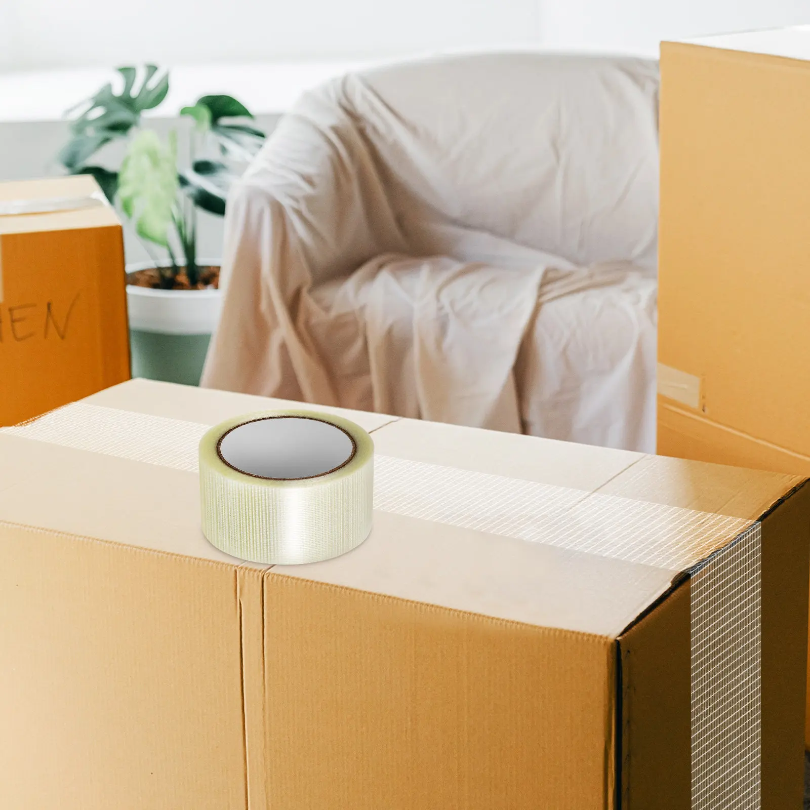 1 Roll Fiber Tape Heavy Duty Packing Tape Temperature Resistant Strong Adhesion for Box Sealing Cargo Securing Repair