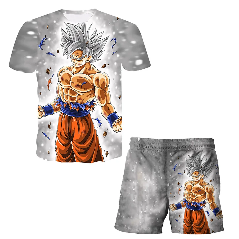 Camiseta de dibujos animados japoneses de Dragon Ball Z para niños, conjunto de dos piezas, camiseta y pantalones cortos de playa para verano