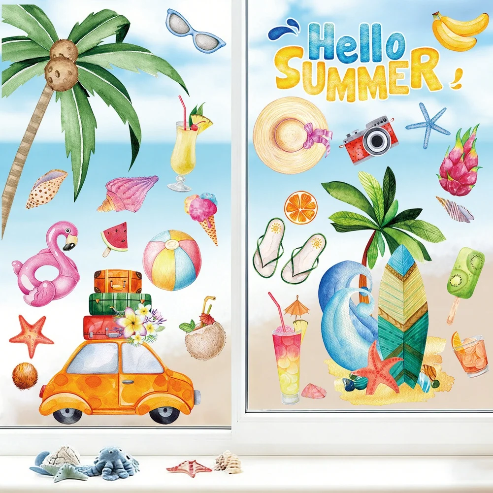 4pcs Coconut Tree Summer Beach Window Clings  For Home Office Living Room Decoration PVC Static Decals For Glass Surfaces