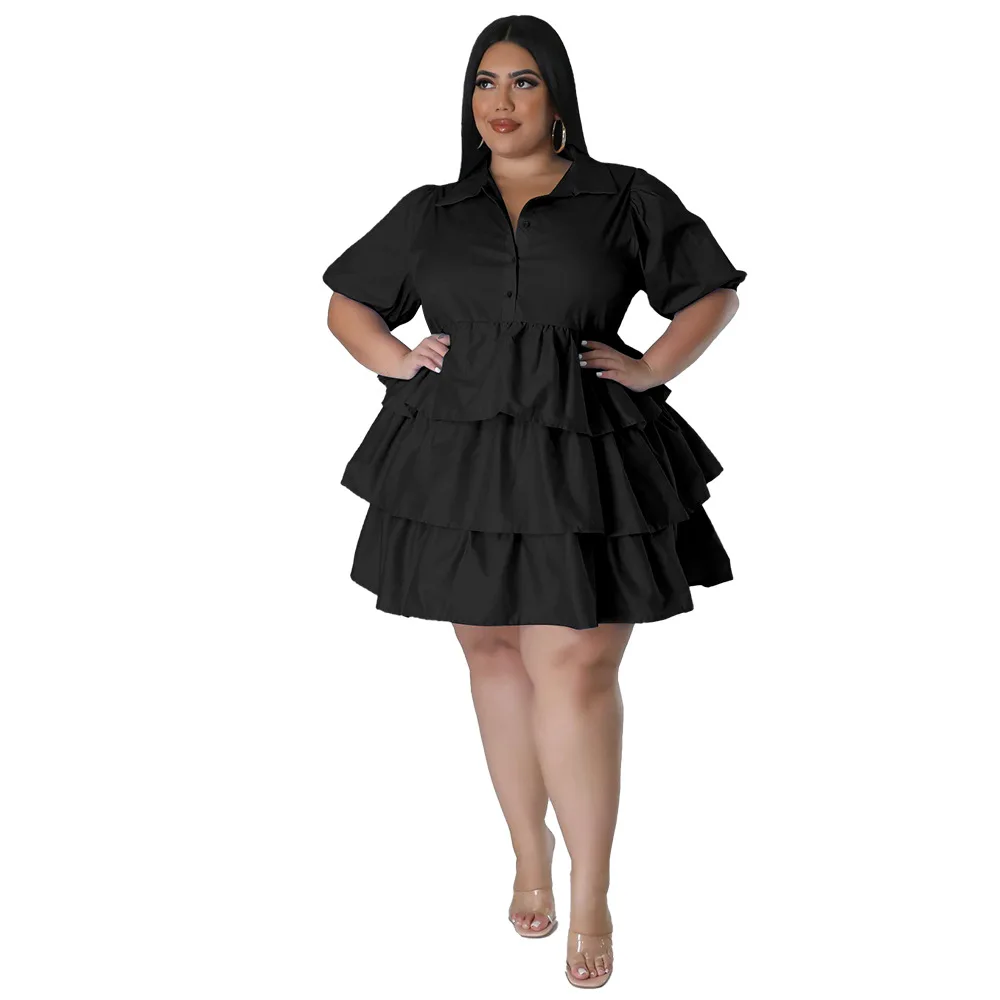 Plus Size Summer Women Casual Cake Dress Short Sleeves Turn Down Neck Ruffles Fashion Party Dress Loose Style Holidays