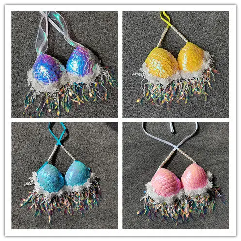 sequin bikini top bra, aquarium bar performance costume, fish tail skin