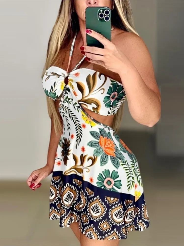 Damenmode Boho Sexy Strandurlaubskleider 2025, Sommer, neuer Druck, schulterfrei, Neckholder, hohle Minikleider für Frauen