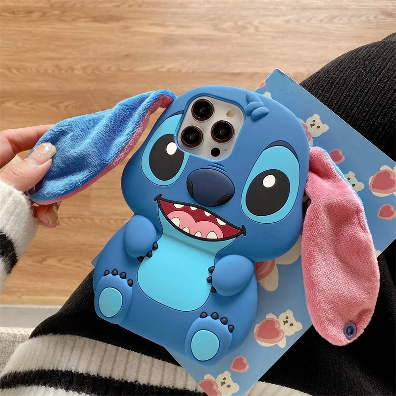 Bandai 3D Silicone Cartoon Phone Case Stitch For iPhone 14 13 12 11 15 16Pro Max Fluffy Fur Plush Ear Stitch Cover Men Kids Gift