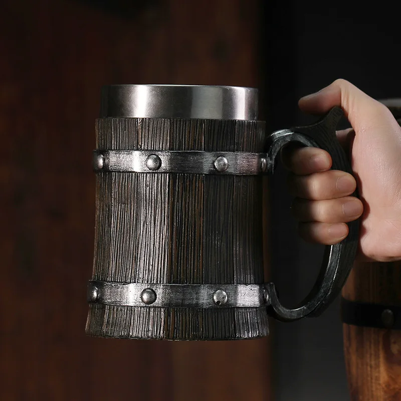 New Vintage German Barrel Beer Mug - Handcrafted Wooden Effect Stainless Steel Stein, Large Capacity Tankard