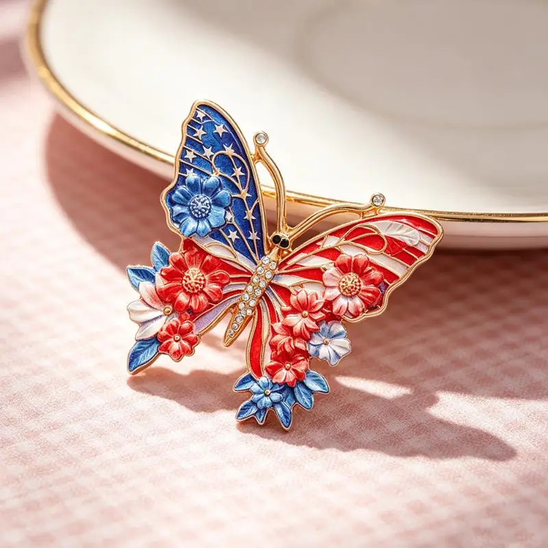 American Flag Butterfly Brooches For Women Unisex Enamel USA 250 Independence Day Flower Butterfly Office Party Brooch