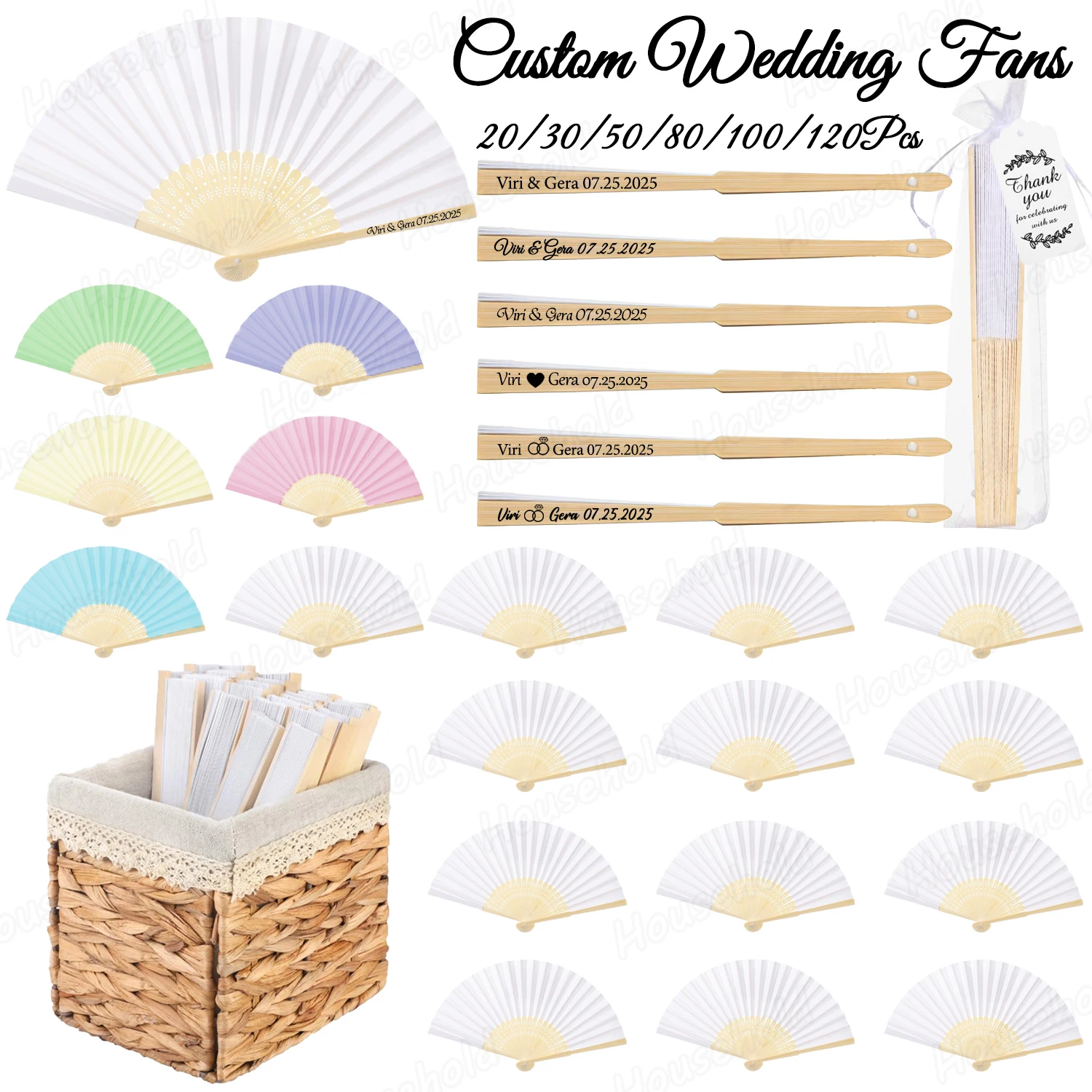 

20-120Set Personalized Wedding Hand Fans Custom White Paper Fans with Gift Bag Bamboo Folding Fans for Wedding Guest Party Favor