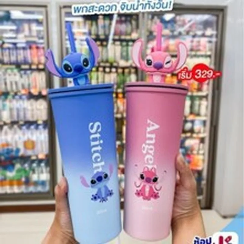 

710ml Kawaii Disney Stitch Stainless Steel Large Capacity Simple Thermos Cup Portable Car Straw Coffee Cup Couple Water Cup Gift