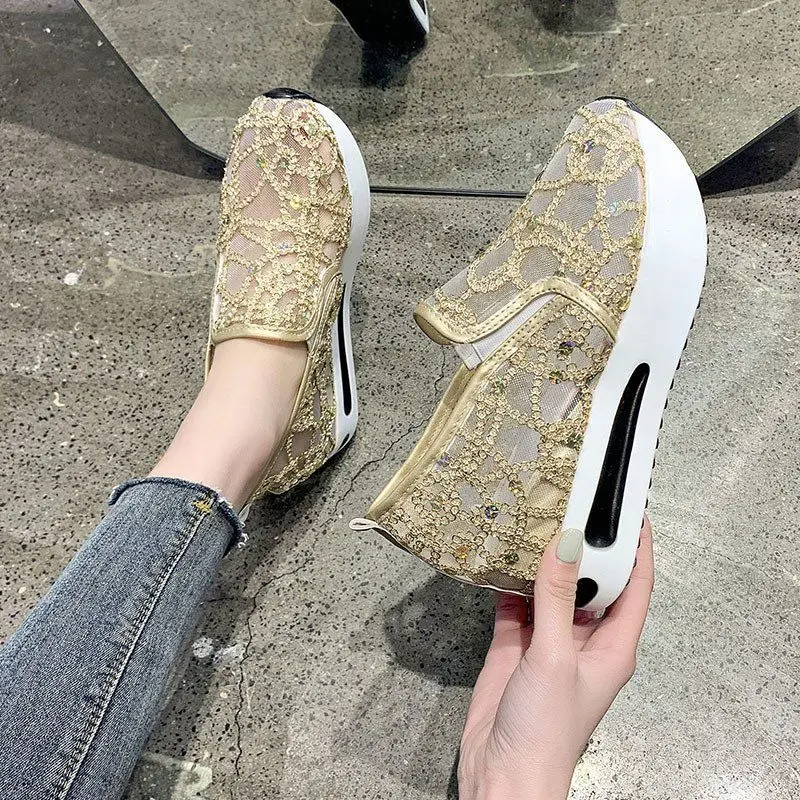 

Sport Casual Women Height Increasing Summer Sandals Hollow Out Breathable Mesh Thick Sole Slip On Boat Lazy Shoes