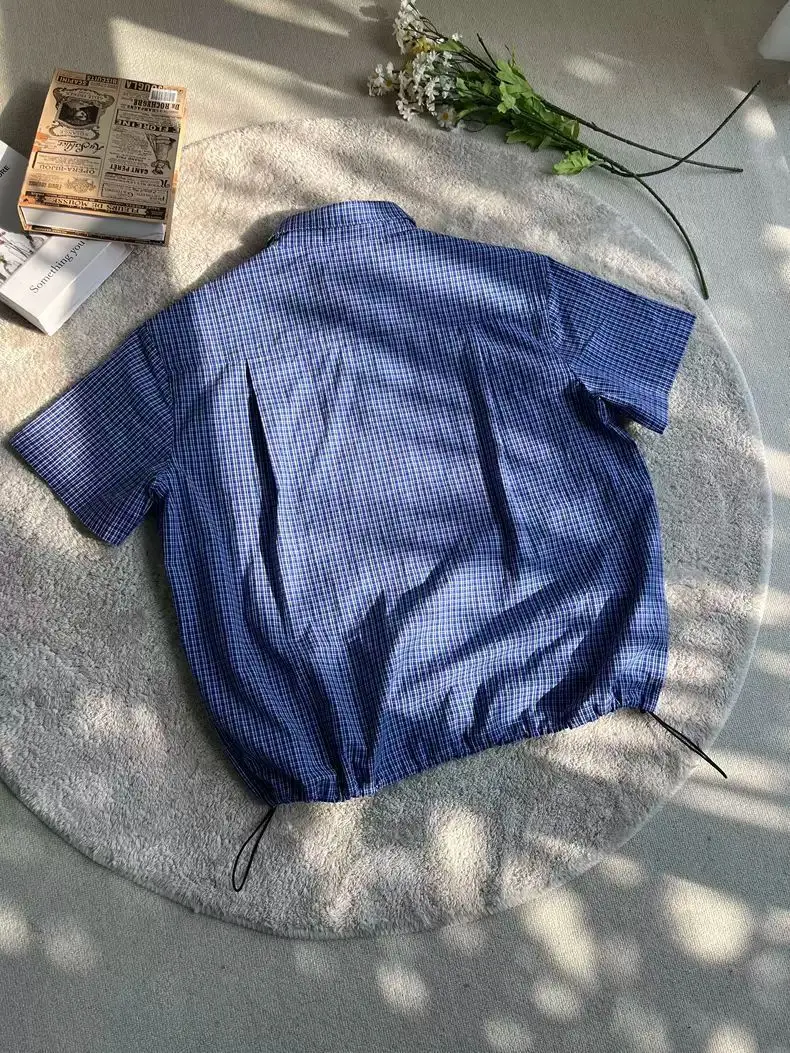 Blue Vintage Plaid Short Sleeve Shirt for Men & Women Summer Loose Fit Casual Drawstring Waist Versatile Button Down Top