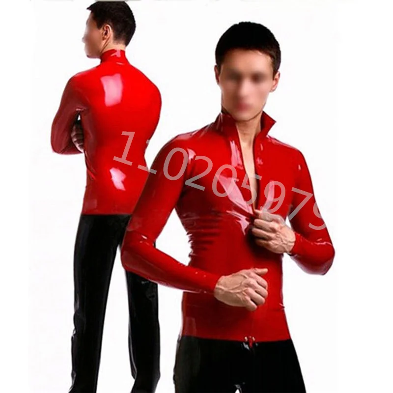 

Red Latex Men Long Sleeves T-Shirt Soft Clothes Sexy Mens Latex Top Men Latex T-shirt Front Zip