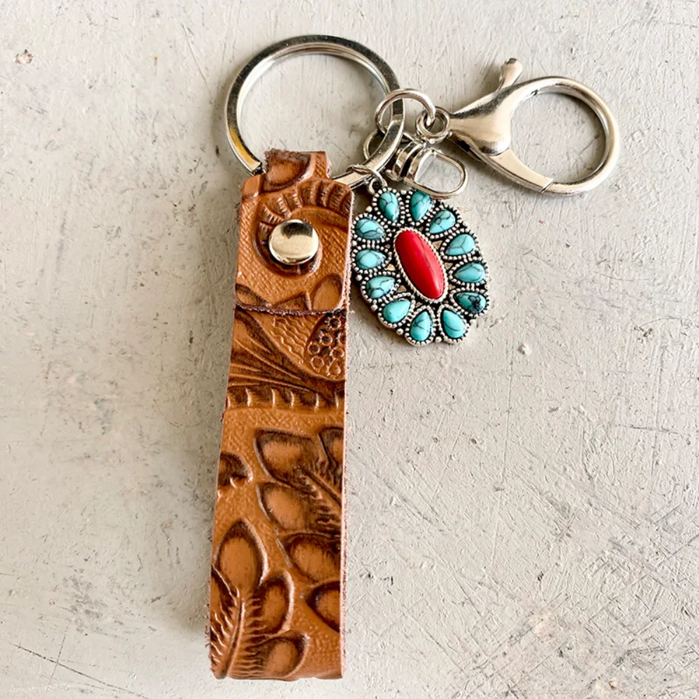 Vintage Embossed Cowhide Keychain With Western Turquoise Pumpkin Flower Pendant Texture Cowhide Keyring Accessories Gifts