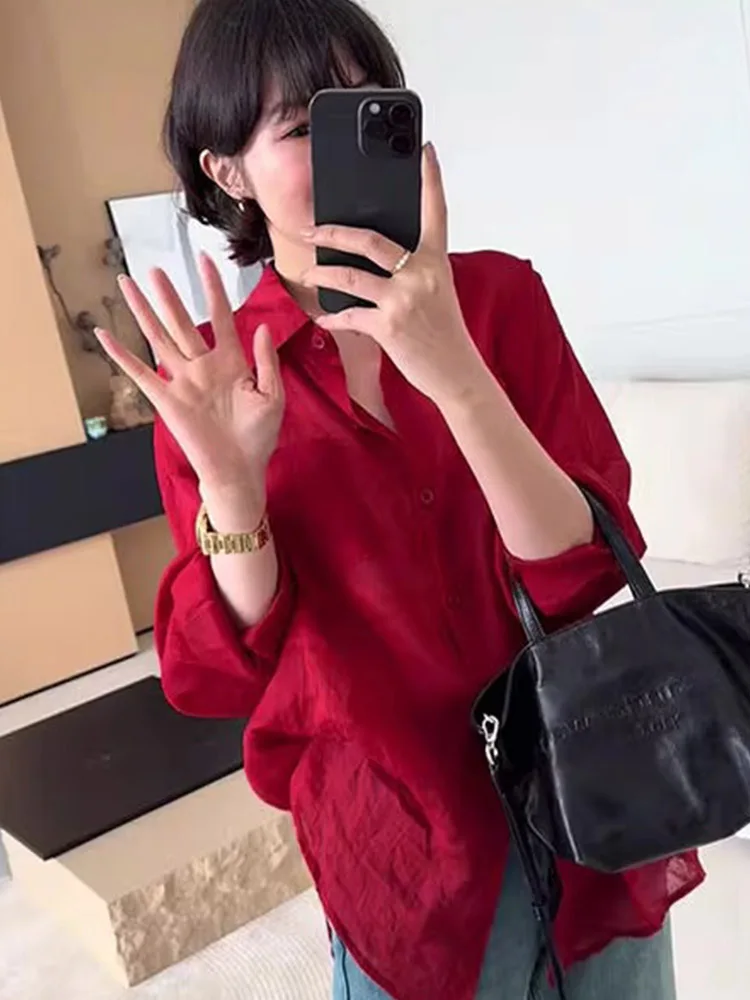 

Loose Casual Summer Faion Red Linen Long Sve irt Women's Wide Fit Cotton Linen Sun Protection Top Thin Cotton Linen Blend