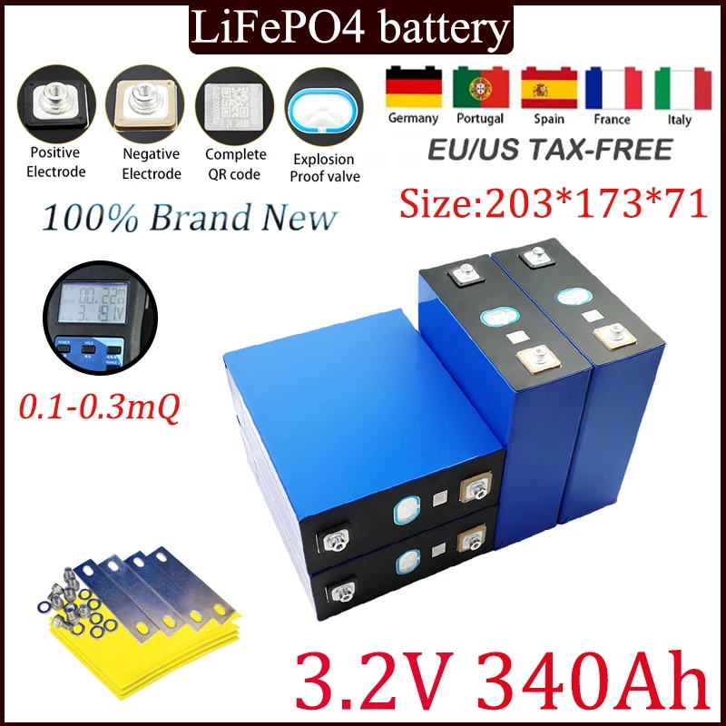 Lifepo4 Rechargeable Battery, Lithium Iron Phxing, Grade A, 3.2V, 340Ah, 12V, 24V, Solar Travel RV, Golf Cart, Yacht, Tax Free