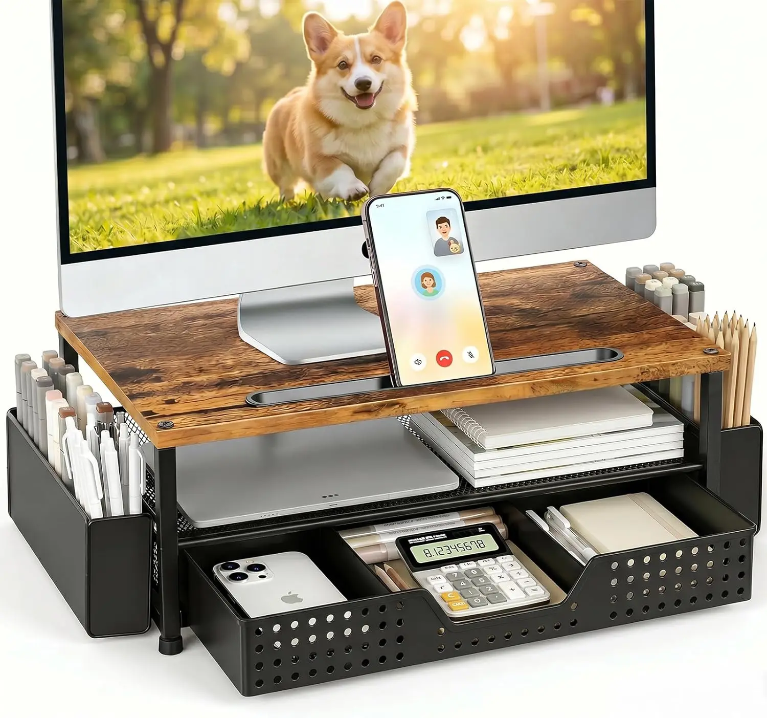 

2-Tier Monitor Stand with Phone Holder, Drawer & Pen Holders, Brown Wood