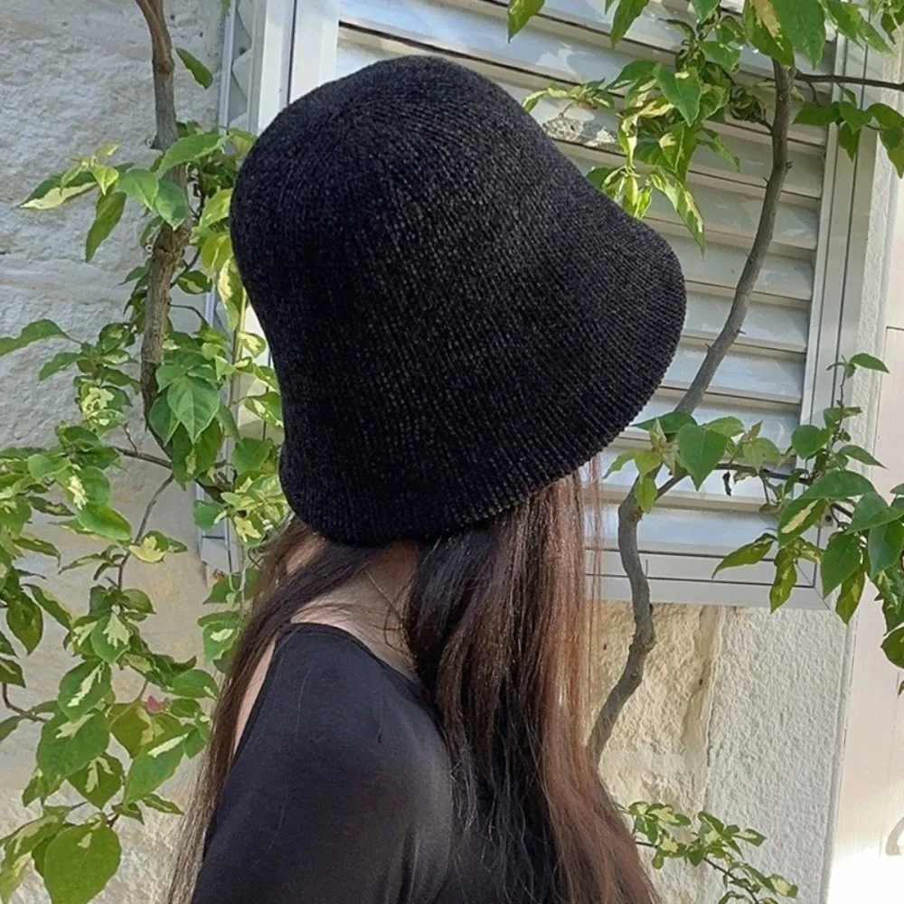 

Elegant Chenille Knitted Fisherman Hat British Style Cold-proof Women Panama Cap Solid Color Ear Warmer Bucket Hat Winter