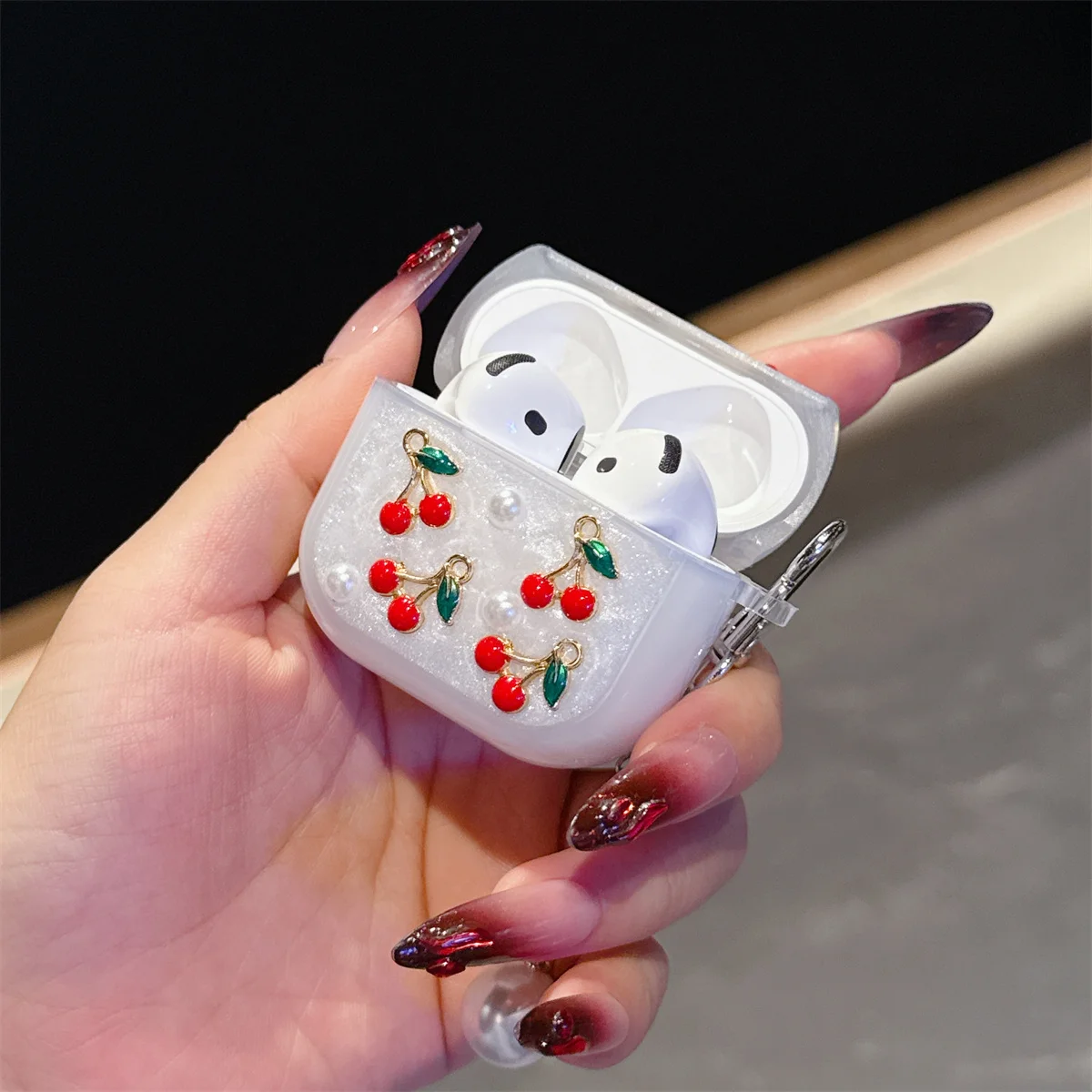 حافظة براعم أذن بتصميم كرز لؤلؤي ثلاثي الأبعاد إبداعي لطيف لأجهزة Apple Airpods Pro 2 مع سلسلة مفاتيح، غطاء سماعة الرأس لأجهزة Airpods 4 3 2 1