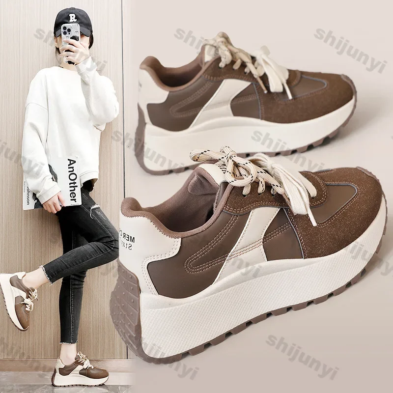 Women's Chunky Leather Sneakers New Fashion Mix Color Platform Sports Shoes Women Casual Thick Sole Running Shoes Zapatos Mujer