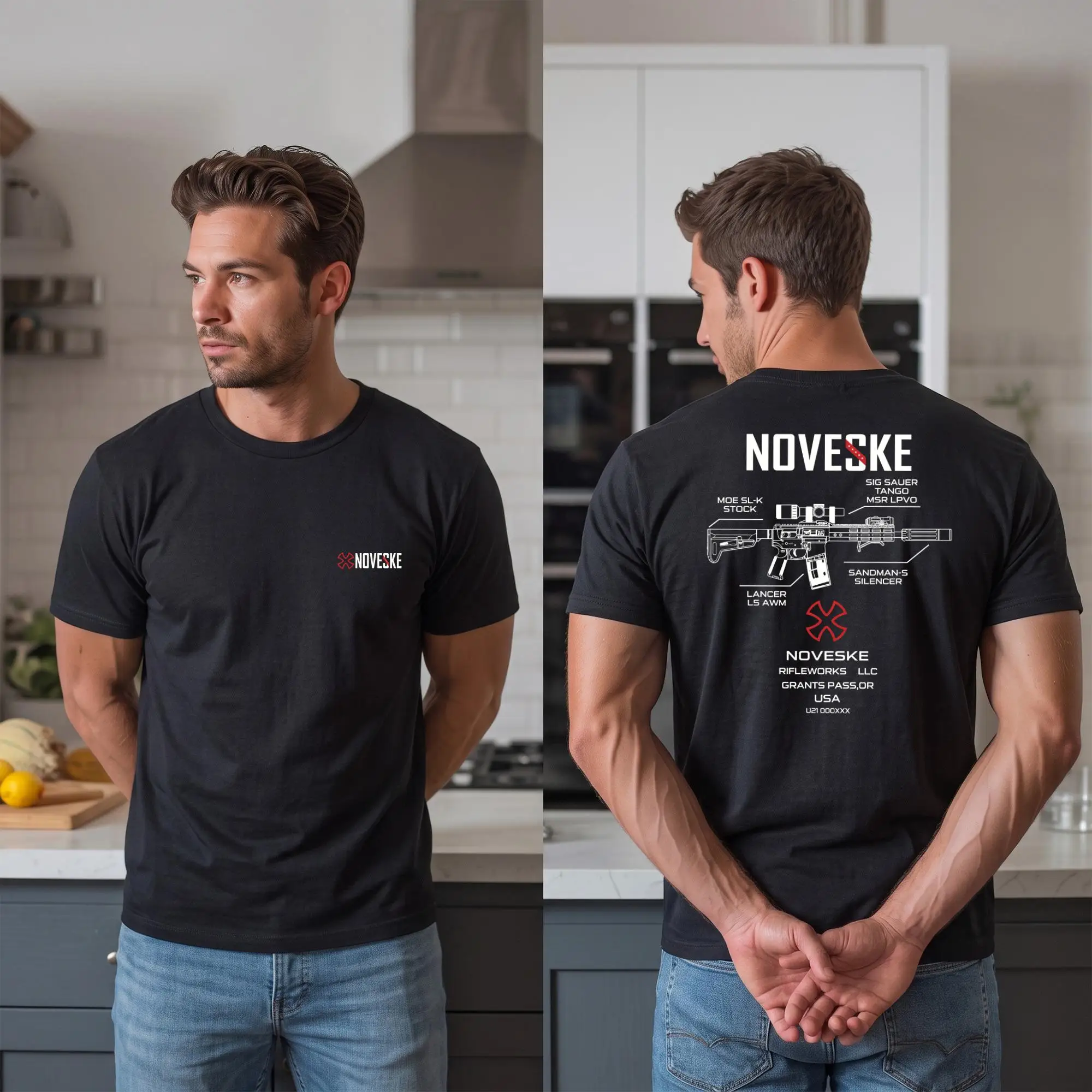 2026 New NOVESKE Unisex Oversized Streetwear T Shirt Tactical Blueprint Graphic Tees Double Sided Print Casual Cotton Tops