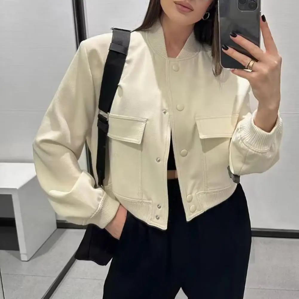 Women's Cropped Jackets Stand Collar Varsity Shacket Coat Casual Button Down Spring Autumn Outerwear Stylish Jacket for Women