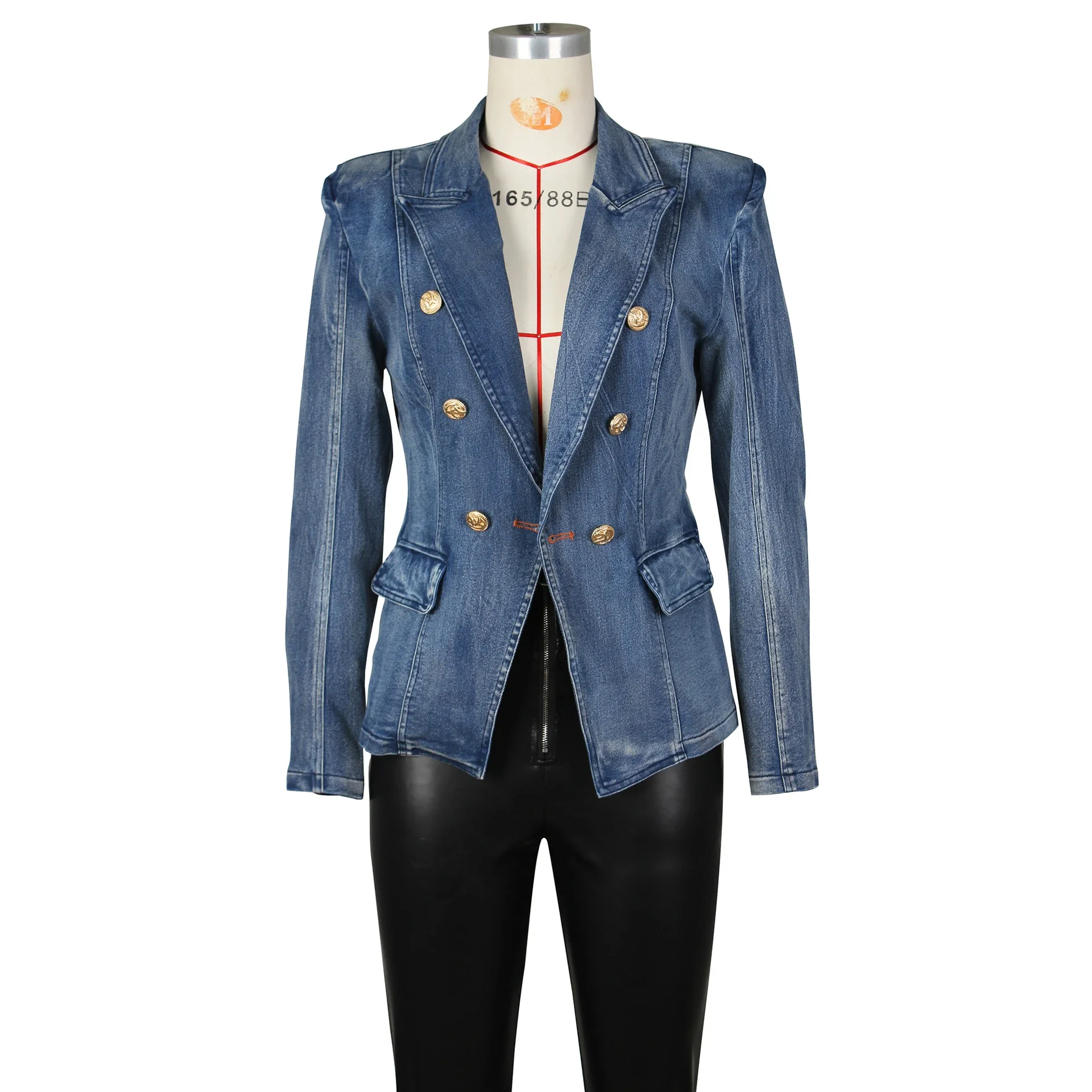 Women\'s double-button denim jacket, denim thin-waisted coat, OL lapel cardigan, dress, top