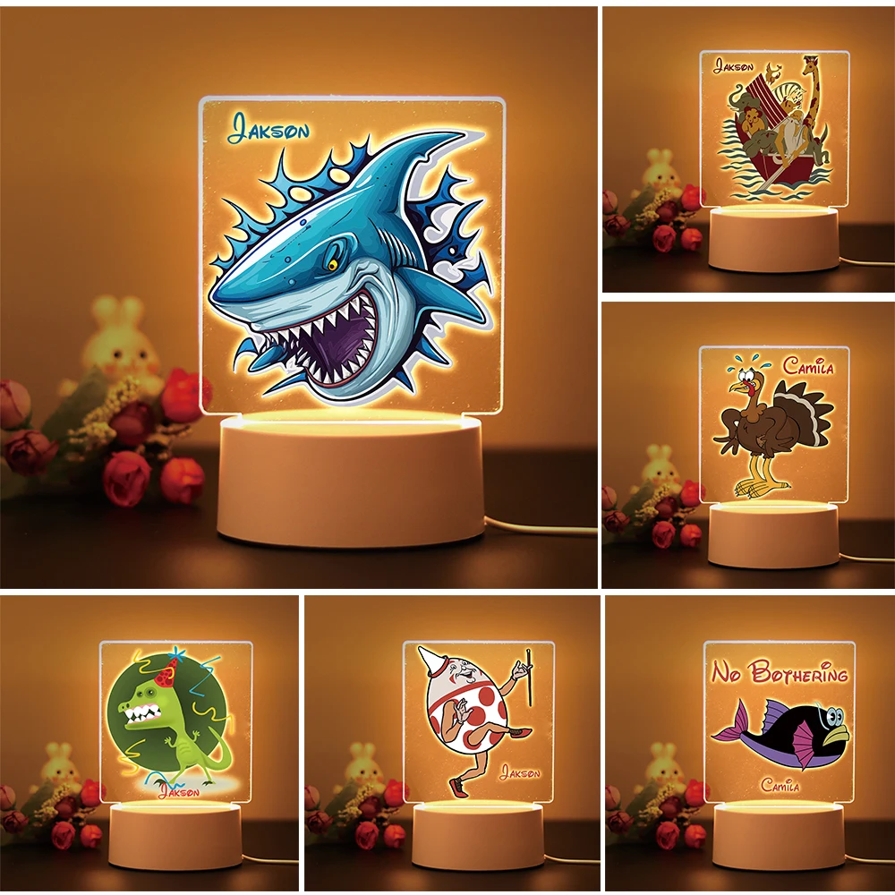 New Super Famous Cartoon Animal Shark Dinosaur Chicken Custom Name LED Night Light Kids Children\'s Holiday Birthday Home Gift