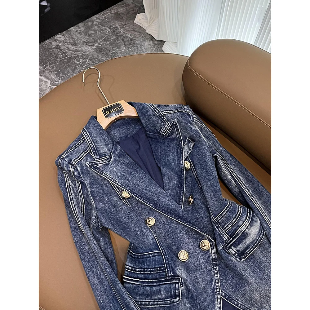 Cool Casual Fashion Double-breasted Full Sleeve Autumn Winter Women Slim Washed Denim Blazer