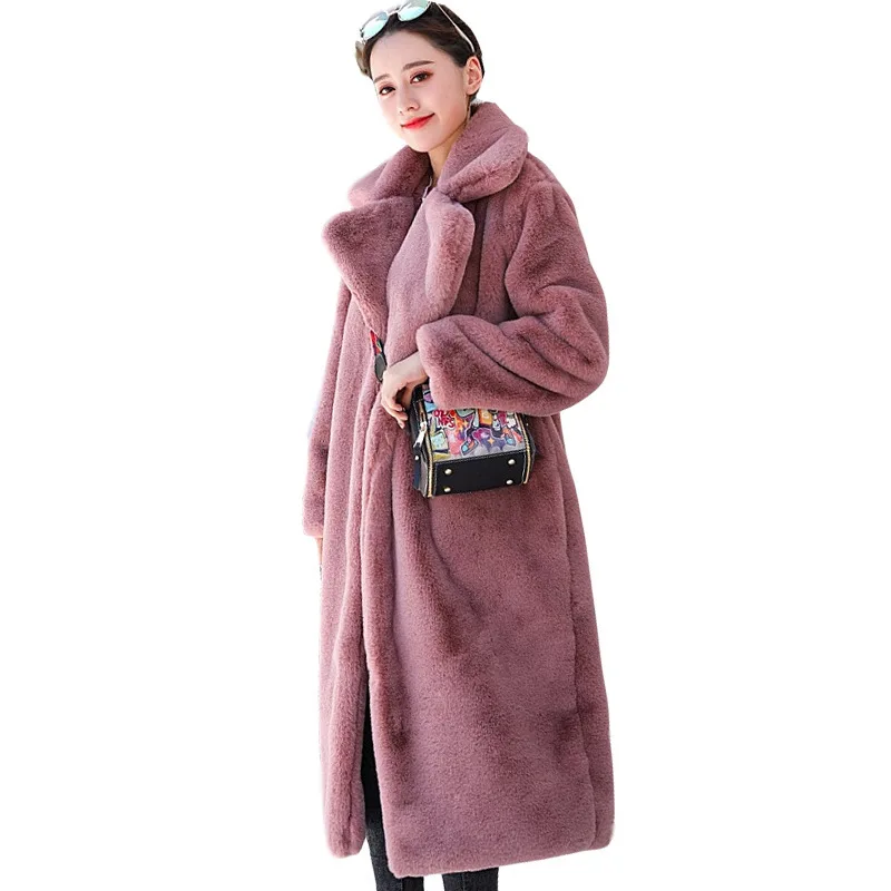 

2025 Fur Coat Extra Long Plus Size Women's Faux Rabbit Fur Coat Warm Winter Fur Coat