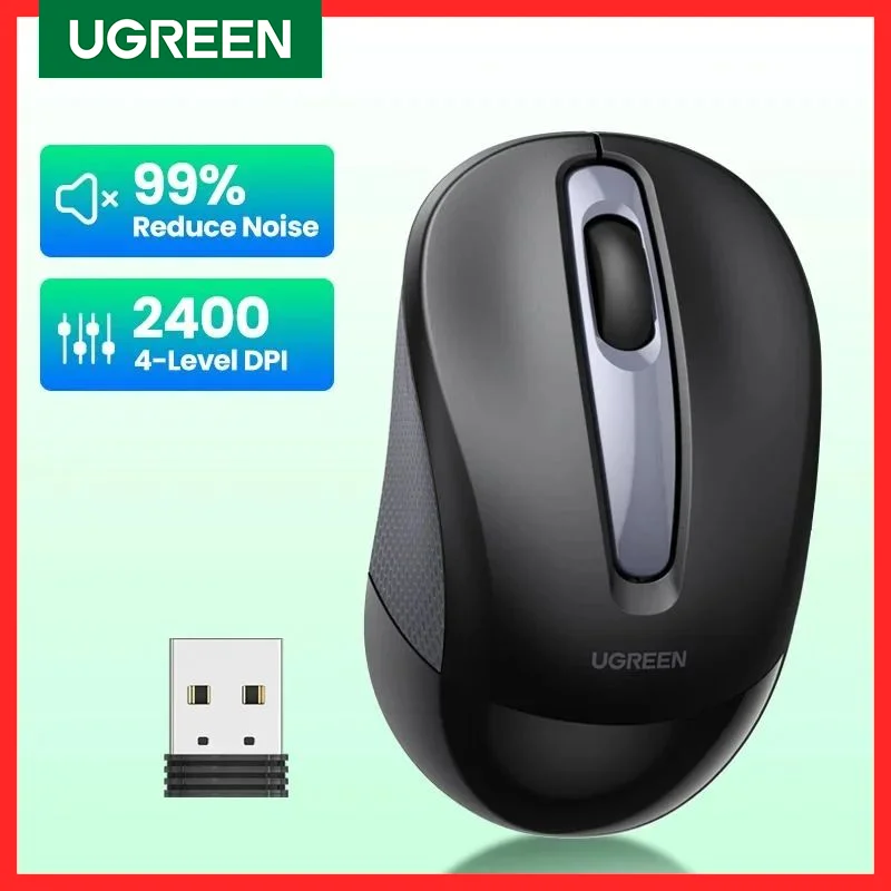 Mysz UGREEN bezprzewodowa ergonomiczny kształt ciche kliknięcie 2400 DPI dla MacBook Tablet komputer Laptop PC myszy cicha mysz bezprzewodowa 2.4G