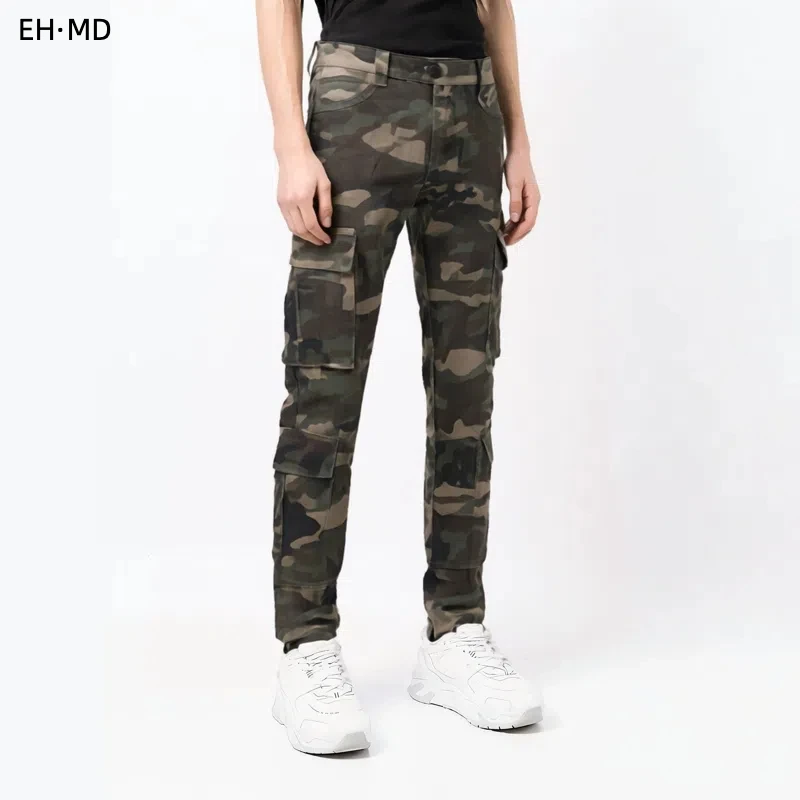 Men's Camouflage Jeans With Large Pockets Slim Fit Comfortable Metal Buckle Army Style Trendy Pure Cotton Casual Trousers 2025