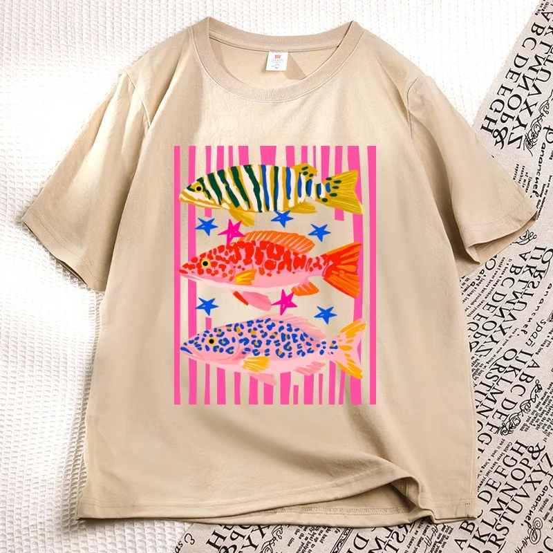 27 Preppy Fish Printed Tshirt Female Fishing T Shirt Summer Vacation Funny Beach T-shirt Casual Cotton Round Neck Woman Clothes