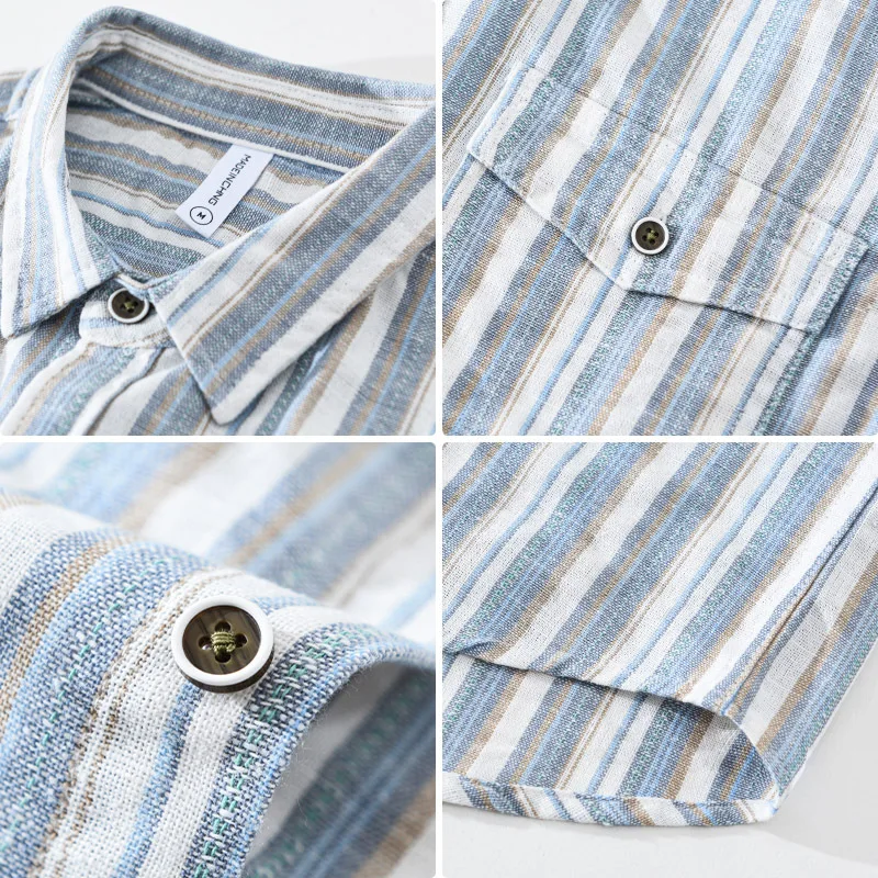 Spring Summer Dyed Striped Shirts Man Daily Casual Breathable Men\'s Tops Long Sleeve Cotton Linen Shirt Japanese Vintage Clothes