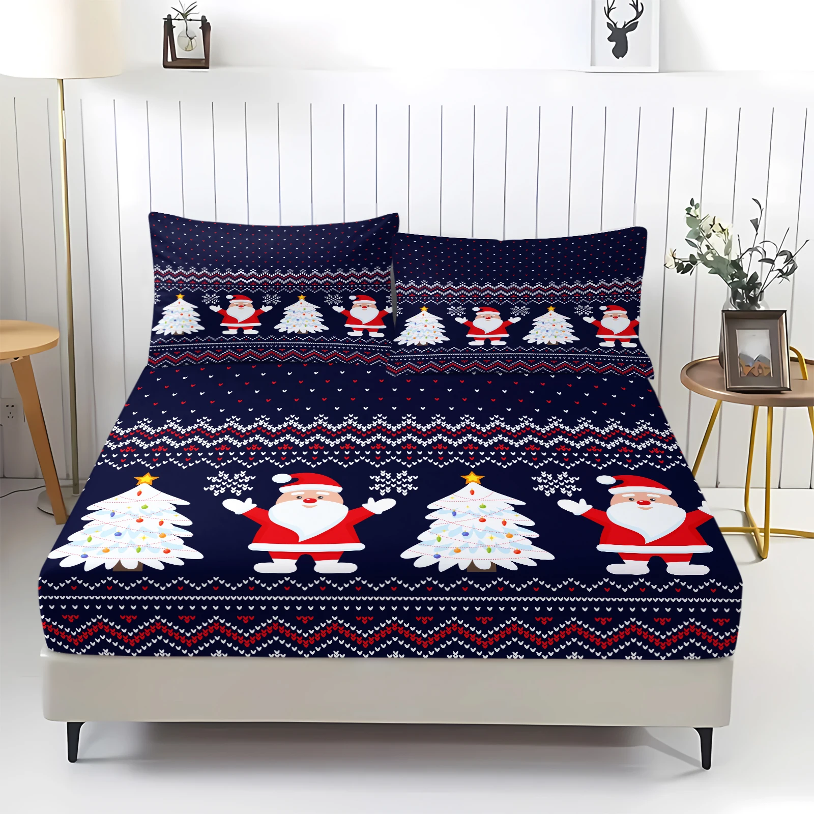Cozy Nordic Christmas Sweater Fitted Sheet with Santa & Trees. Festive Traditional Holiday Bedding