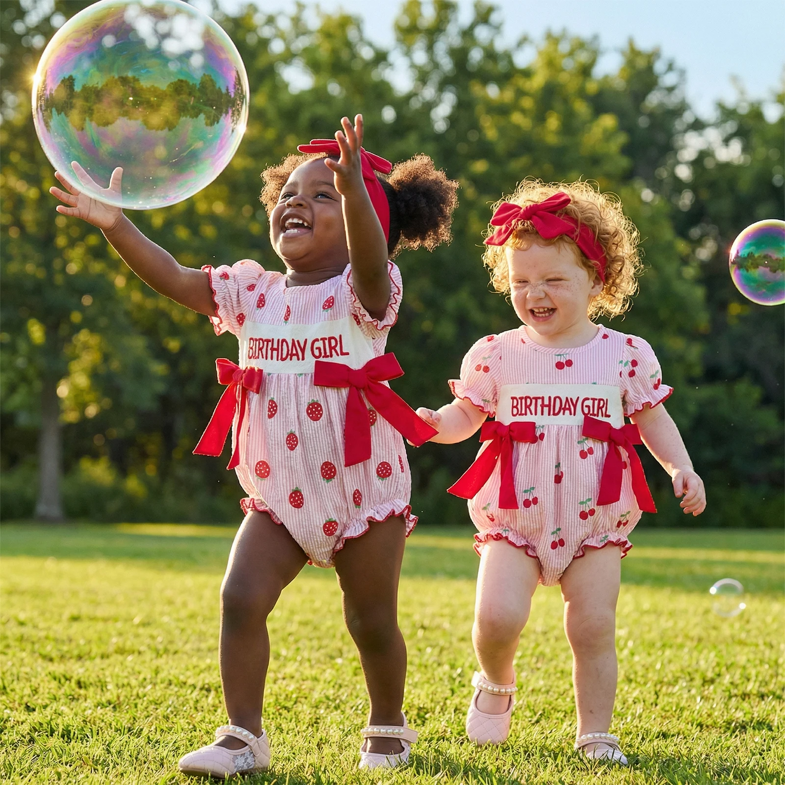 Infant Newborn Baby Girl Birthday Outfits Casual Strawberry Bows Crew Neck Short Sleeve Romper and Bow Headband 2 Pcs Set