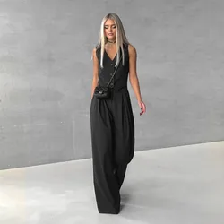 Summer Simple Fashion Casual Sleeveless Vest V-neck Solid Color Loose Broadfoot Pant Suit