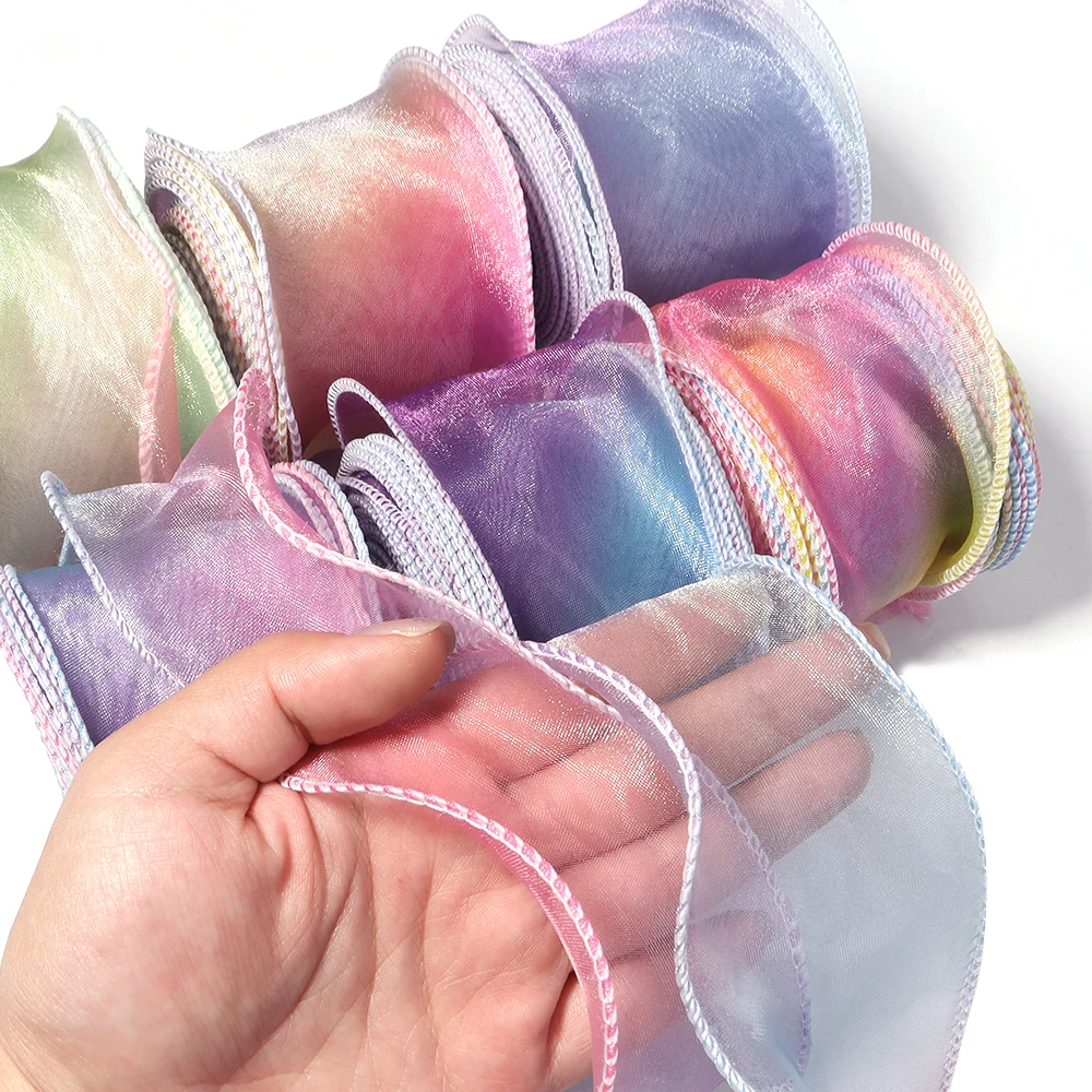 Fotografia 5: Fitas de organza acetinada com borda ondulada iridescente reflexiva de 6cm, 5 jardas/lote, para embrulho de presentes, laços DIY e decoração de acessórios de cabelo.
